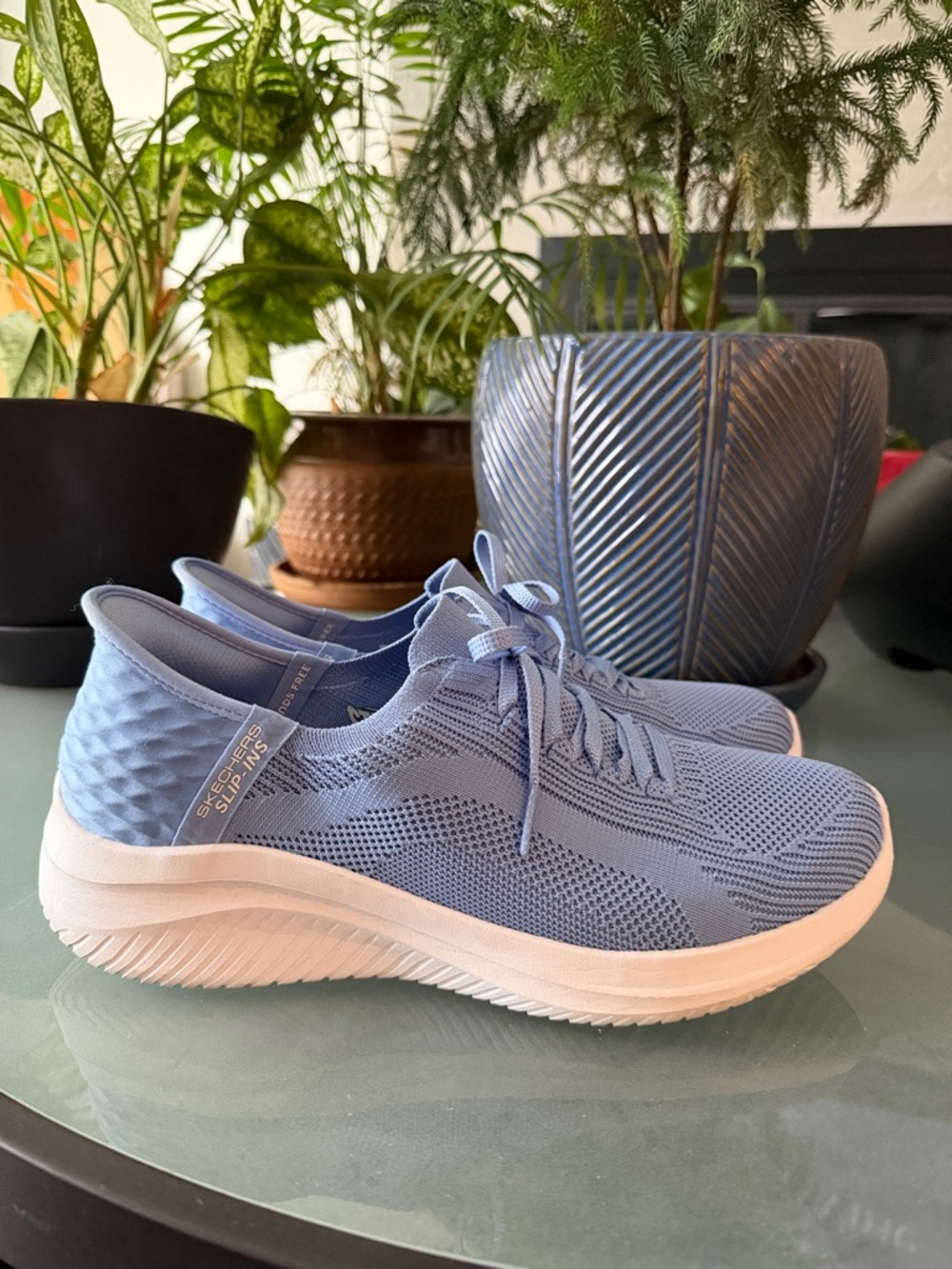 Skechers Women's Light Blue Knit Lace-Up Slip-In Sneakers
